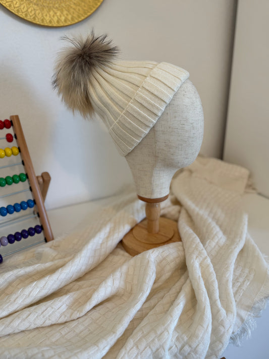 Bonnet Enfant en Laine et Cachemire avec Pompon Naturel