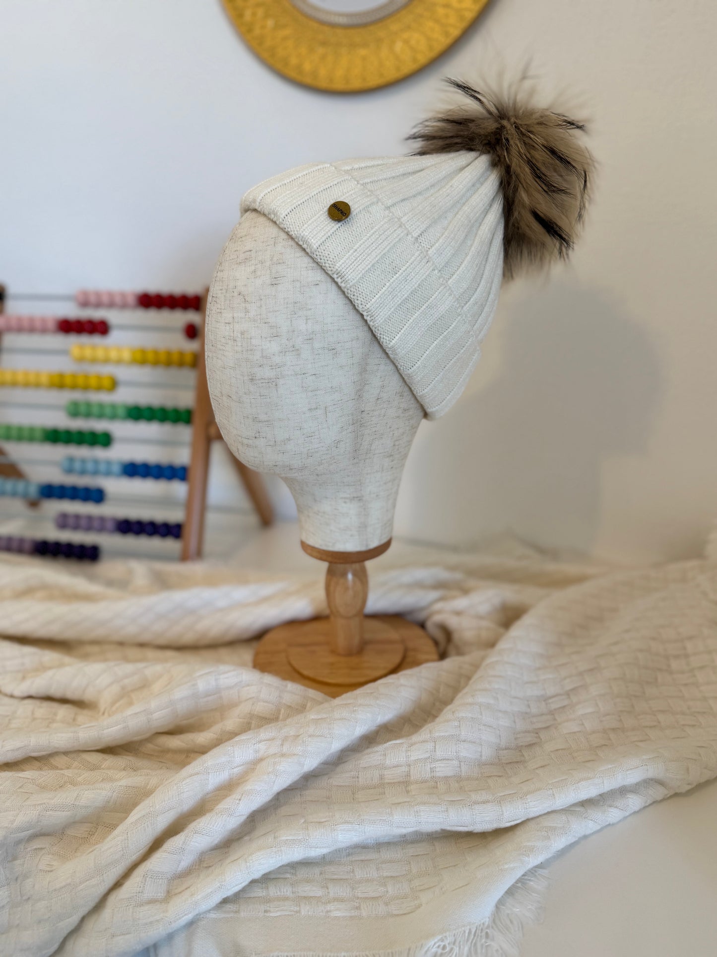 Bonnet Enfant en Laine et Cachemire avec Pompon Naturel